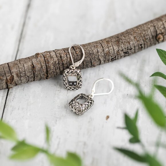 Recycled Vintage Clear Dairy Bottles Sterling Quilted Square Earrings - Picture 2 of 6